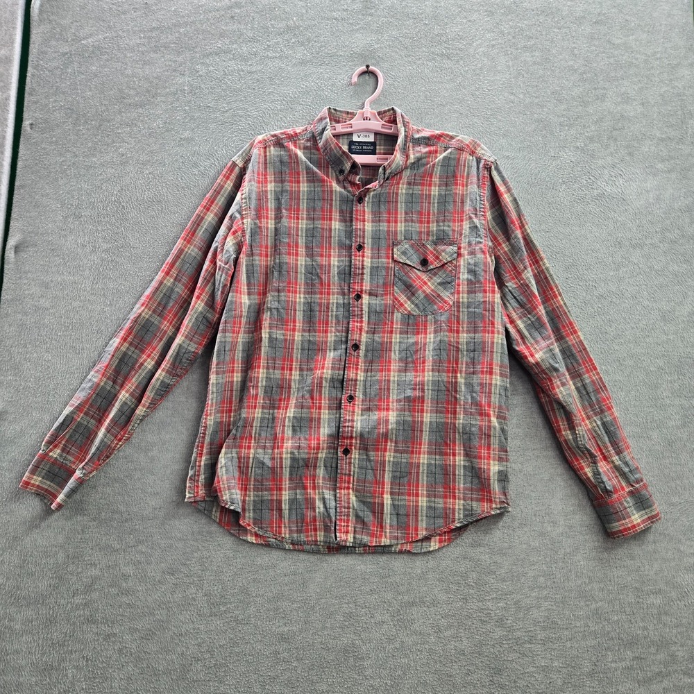 Lucky Brand Men Button Up Shirt Large Red Plaid California Fit Pocket Collar